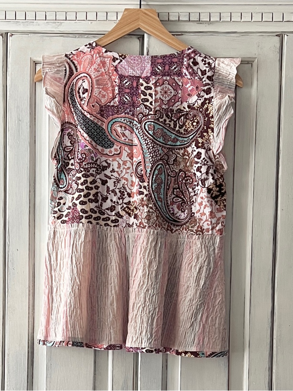 ๐ NET MYSTREE Boho Patchwork Ruffle Sleeve Tank SMALL - Picture 5 of 8